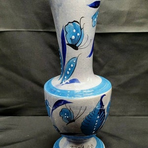 Tonala Mexican Folk Art Pottery Hand Painted Signed AM Blue And White Vase