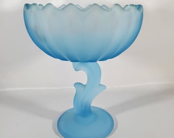 Vintage Satin Blue Frosted Lotus Flower Pedestal Glass Compote Bowl