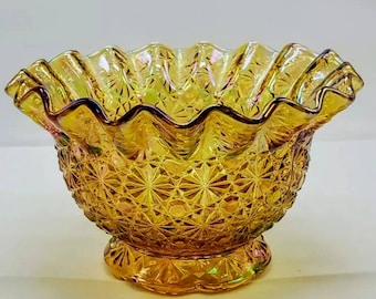 L E SMITH Glass Amber Daisy and Button Crimp Edge Irredescent Bowl