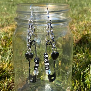 CRY BABY earrings, alternative earrings, safety pin earrings, goth, lil peep