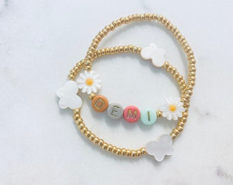 Custom Name Girls Bracelet Boho Daisy Butterfly Bracelet Stack for Toddler and Girls