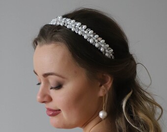 Bridal White pearl headband, Crystal  pearl tiara, Wedding headband, Prom headband, Bridesmaids headpiece