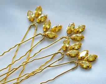 Yellow crystal hair pins set of 5, Bridesmaids hair pins, Wedding gold headpiece, Prom yellow crystal headpiece