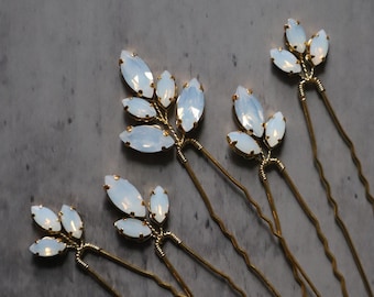 Opal Crystal Gold Hair Pins - Bridal Headpiece Set of 5