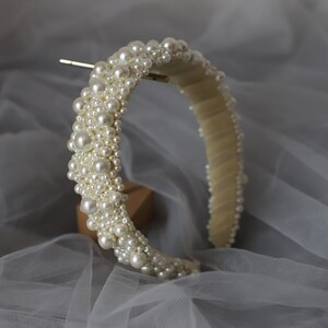 Hand Beaded Ivory Pearl Headband: Cream Velvet Tiara
