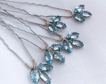 Blue crystal hair pins set of 5, Wedding blue hair pins, Blue silver Bridesmaids headpiece, Prom crystal headpiece