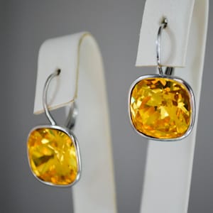 Yellow Crystal Earrings: Silver Plated Cushion Cut Czech Crystals