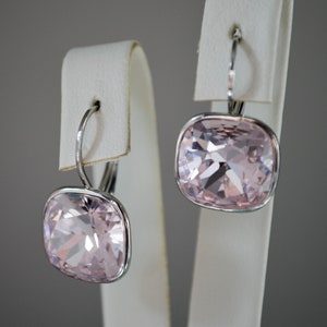 Light pink crystal earrings, Fashion women jewelry, Silver Pink cushion earrings, Swarovski style earrings