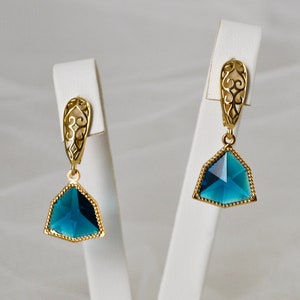 Blue Crystal Triangle Earrings: Gold Plated Peacock Jewelry