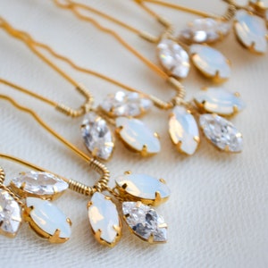 Opal & Zircon Crystal Hair Pins - Bridal Gold Headpiece, Set of 6