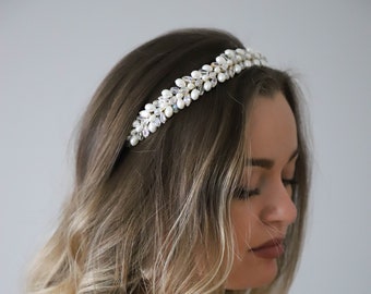 Bridal ivory pearl headband, Crystal gold pearl tiara, Wedding headband, Prom headband, Bridesmaids headpiece