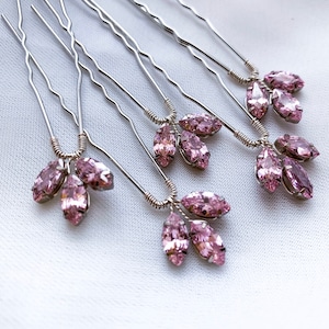 Pink crystal hair pins set of 5, Wedding silver hair pins, Pink Bridesmaids headpiece, Prom pink silver crystal headpiece