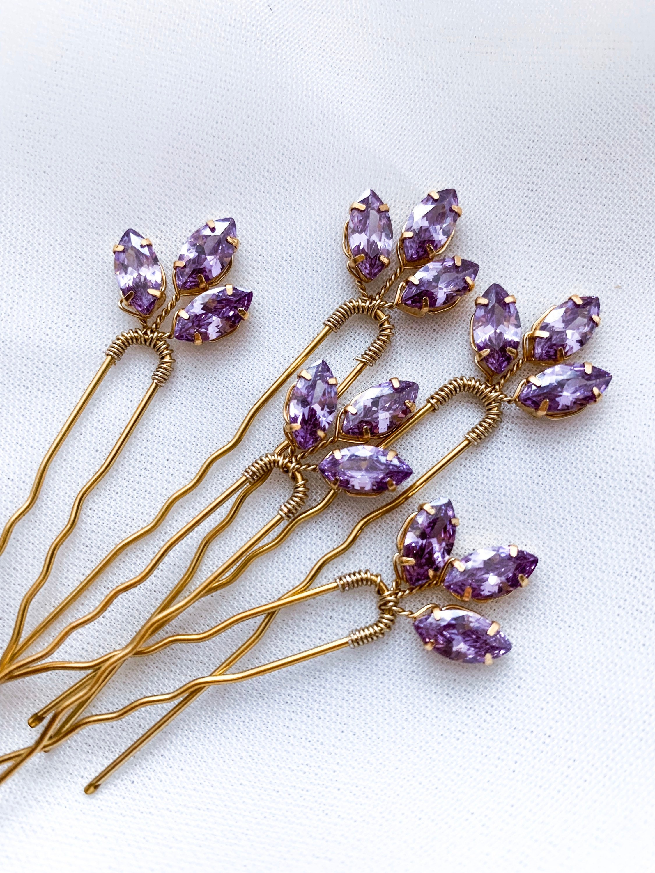 Set of 5 Amethyst Crystal Gold Hair Pins for Brides, Bridesmaids, Galas Bridal Light Amethyst Crystal Pearl Hair Clips Set of Five  main image 4