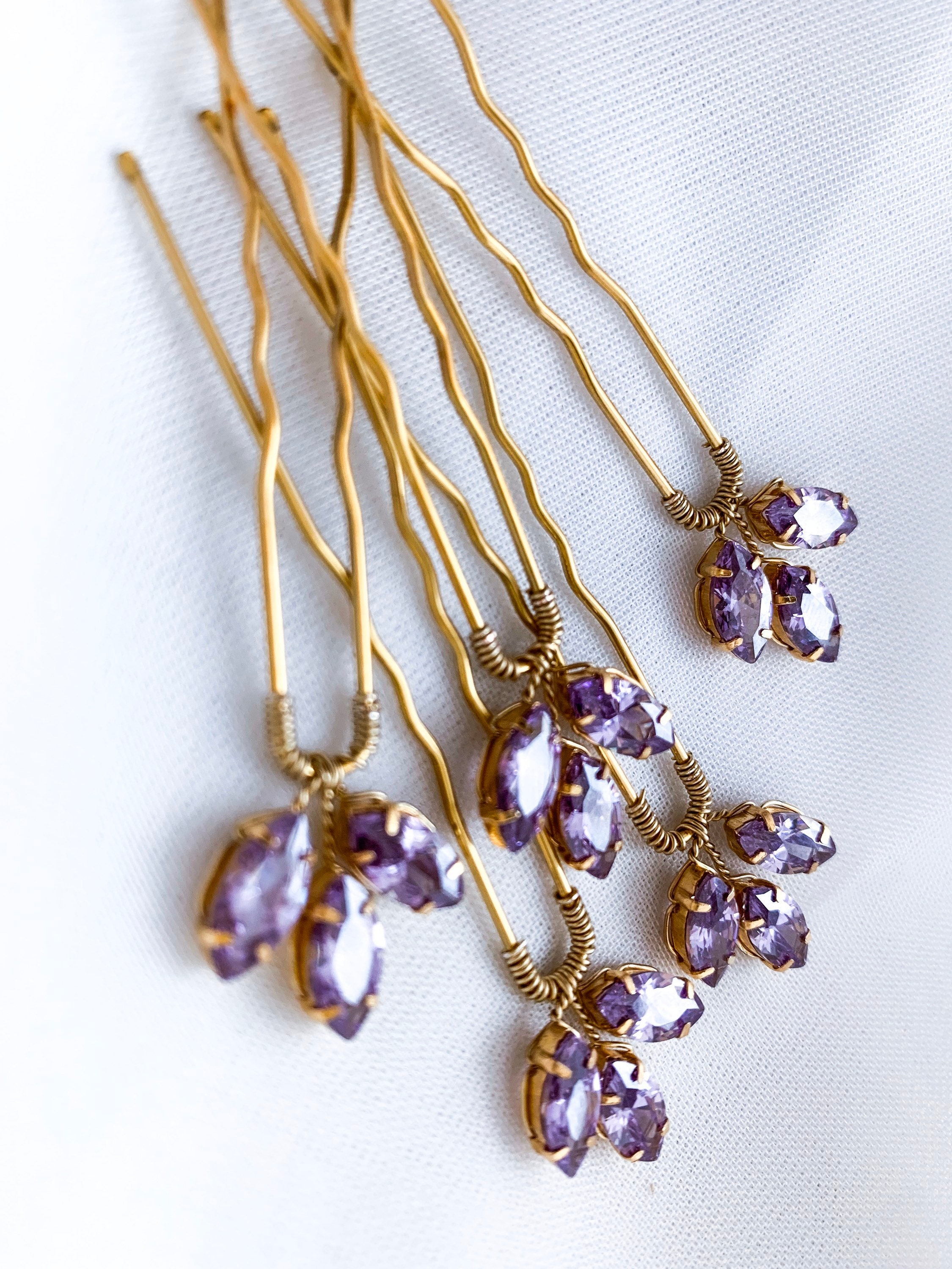 Set of 5 Amethyst Crystal Gold Hair Pins for Brides, Bridesmaids, Galas Bridal Light Amethyst Crystal Pearl Hair Clips Set of Five  main image 3
