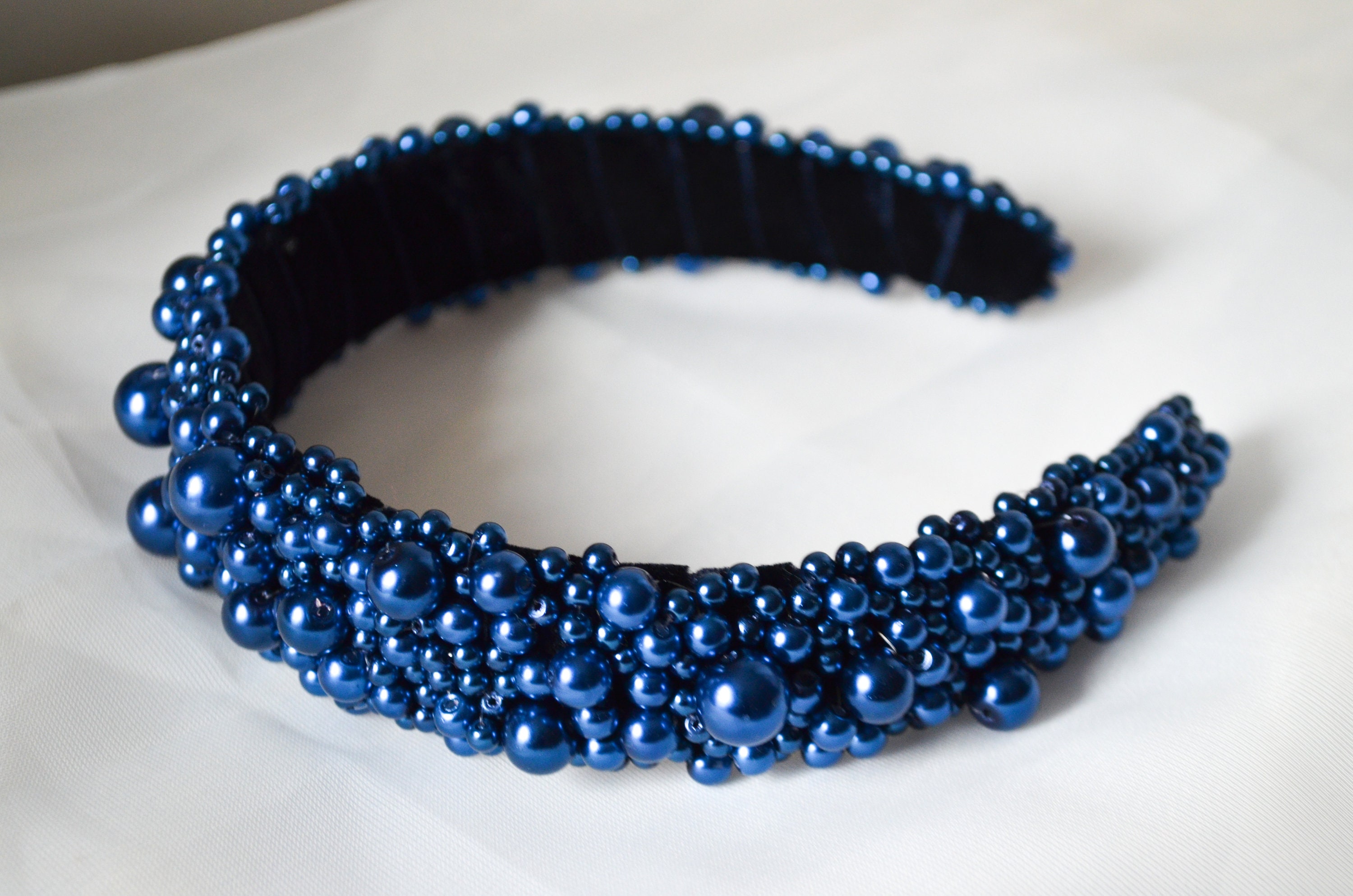 Hand Beaded Blue Pearl Headband: Velvet Tiara Crown - Etsy display picture 3