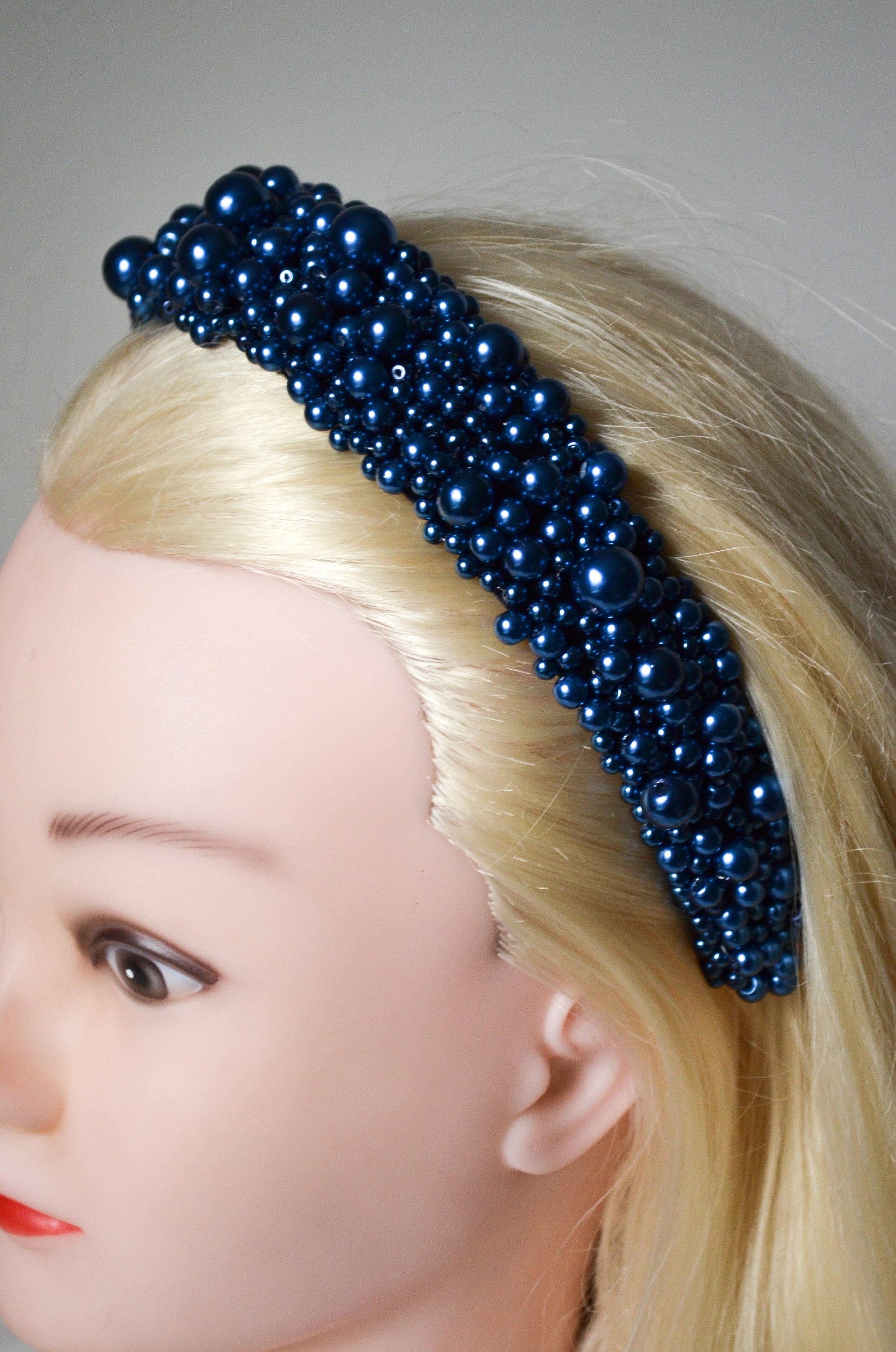 Pearl headband Blue Pearl Polished Shiny Round Bead 1.5\