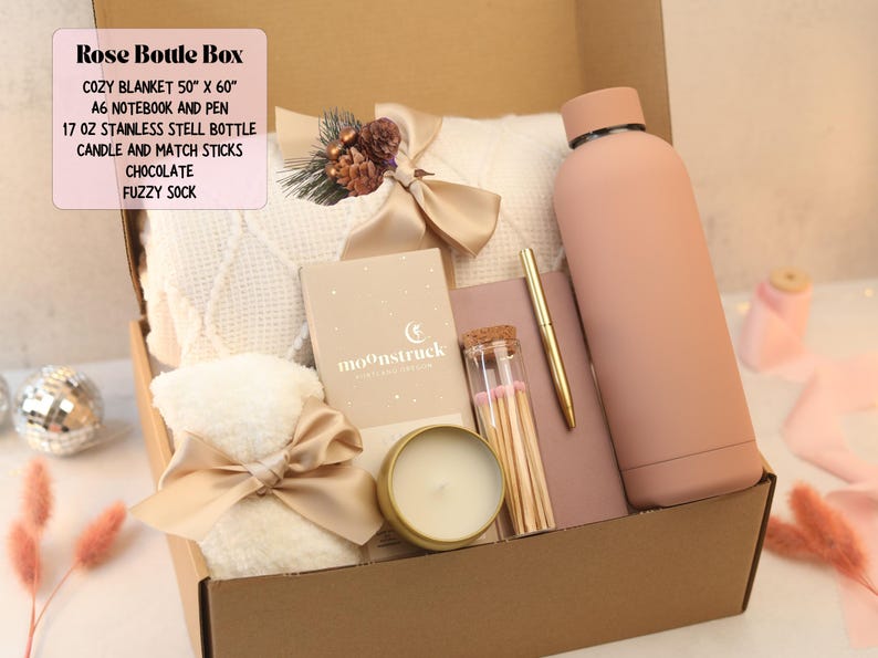 Birthday Gifts with blanket care package for woman and man Personalized Gift Rose Bottle Box