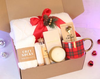 Cozy Gift Box with Blanket, Socks, Hot Cacao, Artisan Chocolate, Christmas Gift for her