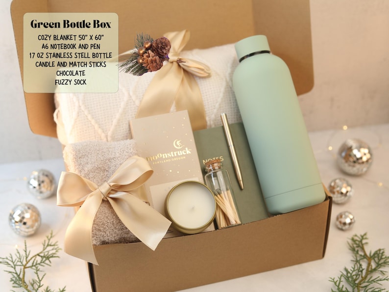 Birthday Gifts with blanket care package for woman and man Personalized Gift Green Bottle Box