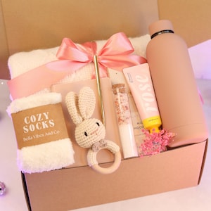 New parents care package | Welcome Baby Gift Basket | New Mom Gift Box Rose Bottle w/ Bunny