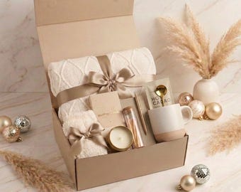 Bottle Gift Box Set, Cozy Blanket, Stainless Steel Bottle, Candle, Chocolate, Fuzzy Sock, gift Basket