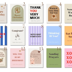 May include: A collection of fifteen rectangular greeting cards featuring various designs, colors, and text including Happy Birthday, Merry Christmas, Thank You Very Much, Warm & Cozy Time For You, Sending Warm Hugs, La Dolce Vita, Congrats, With Deep Sympathy, Thinking Of You, Get Well Soon, Thank You For Being Such A Great Teacher, Will You Be My Bridesmaid, Welcome Baby, Sending Prayers, and XOXO.
