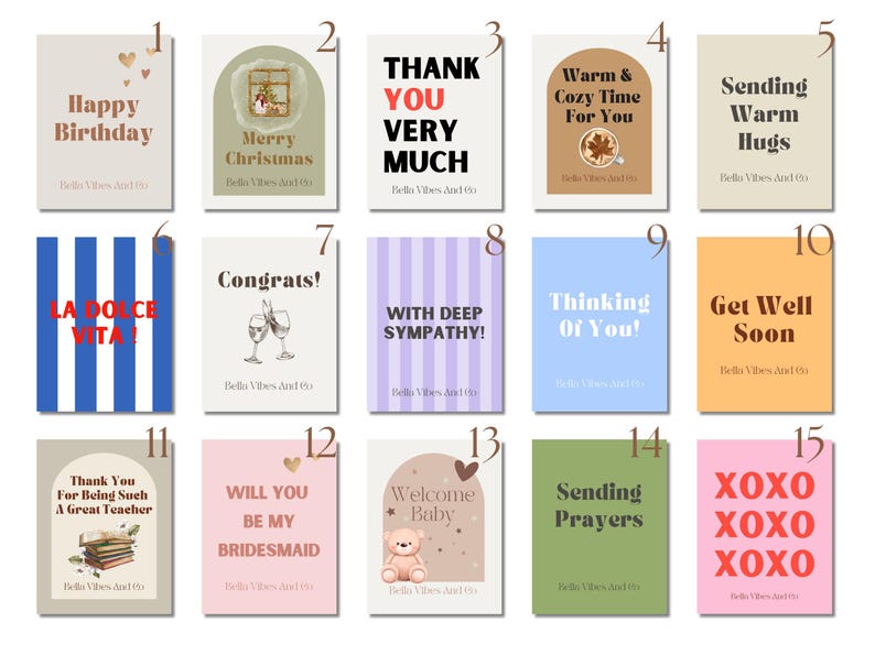 May include: A collection of fifteen rectangular greeting cards featuring various designs, colors, and text including Happy Birthday, Merry Christmas, Thank You Very Much, Warm & Cozy Time For You, Sending Warm Hugs, La Dolce Vita, Congrats, With Deep Sympathy, Thinking Of You, Get Well Soon, Thank You For Being Such A Great Teacher, Will You Be My Bridesmaid, Welcome Baby, Sending Prayers, and XOXO.