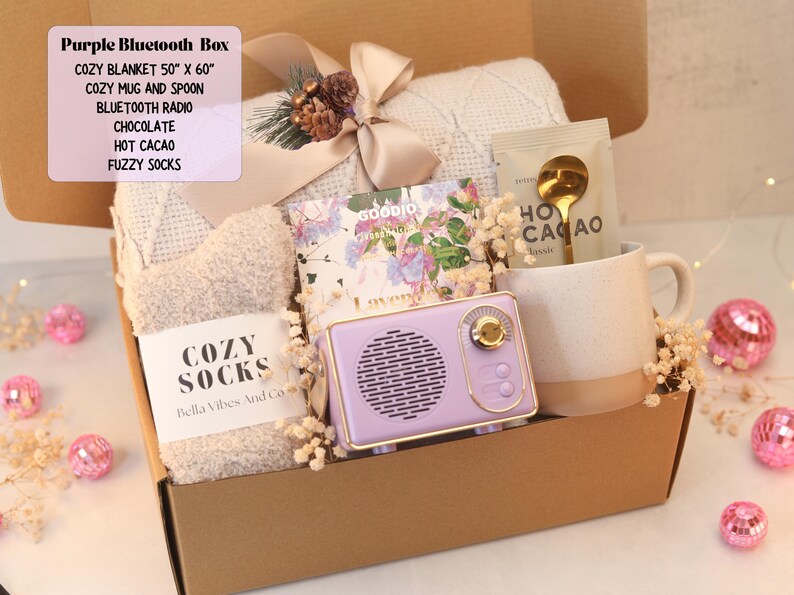 Birthday Gifts with blanket care package for woman and man Personalized Gift Purple Bluetooth Box