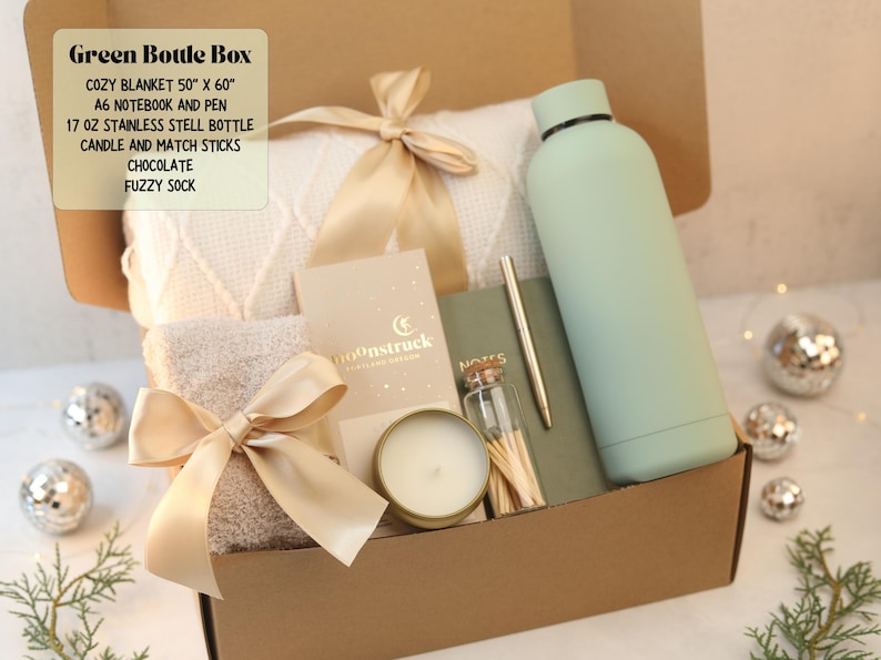 Cozy Style Gifts Box custom care package for woman Personalized Gift Basket Green Bottle Box