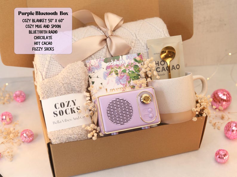 Regalo de cumpleaños para ella. Regalo de estilo acogedor. Paquete de cuidados para mujer. Regalos de decoración navideña. Purple Bluetooth Box