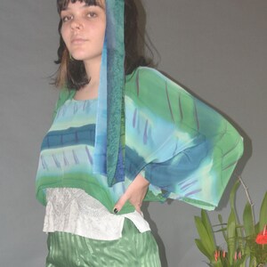 Hand-Painted Shrug Silk, Elegant Jacket, Boho Tunic Fall Shawl, Silk Cape, Wedding Wear Blouse, Poncho Women Tunic Blue Top Hand Dyed Jacket