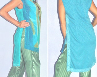 Silk Tunic Hand-Painted, Elegant Green Blouse, Boho Tunic, Sleeveless Blue Wedding Blouse, Light Blue Resort Wear, Long Back Tunic Tropical