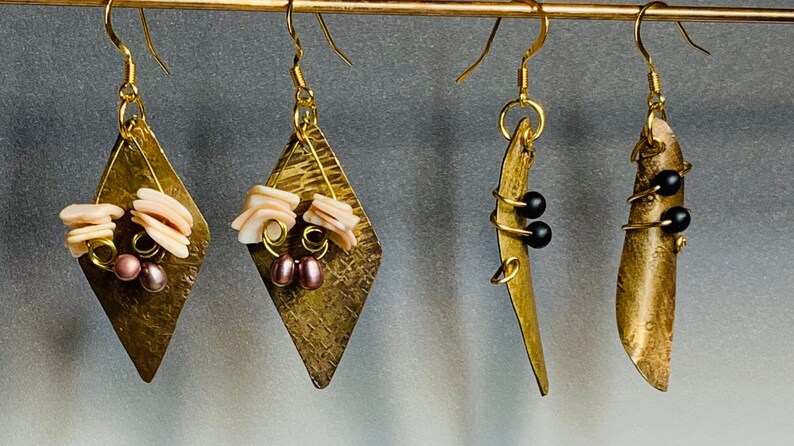 Pearls Shells Spiral Scroll Earring Mom Gift Chic Texturd Metalwork Twisted Hand Forged Jewelry She Gift Artisan Torched Hammered Brass