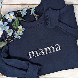 Monochrome Floral Embroidered Mama Crewneck Sweatshirt | Cozy Mama | Mom Life | Mother&#39;s Day Gift for Mom | Mama Sweater | Mom and Me