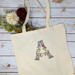 Personalized Floral Initial Embroidered Tote Bag. Custom Letter Shopping Bag, Cotton Canvas Tote Bag, Custom Bridesmaid Gift Reusable Bag