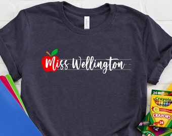 Personalized Teacher Shirt: Apple Design, Handwriting Lines