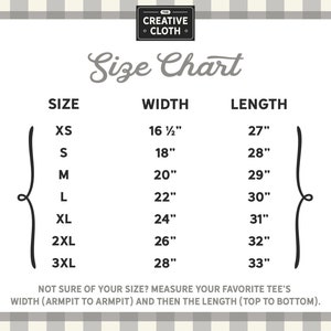May include: Size chart for clothing with measurements in inches. The chart shows sizes XS through 3XL with corresponding width and length measurements.