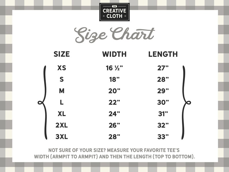 May include: Size chart for clothing with measurements in inches. The chart shows sizes XS through 3XL with corresponding width and length measurements.