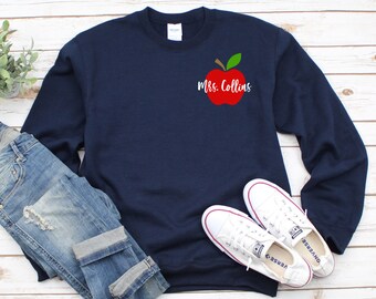 Personalized Teacher Sweatshirt, Pocket Apple Design, Teacher Gift