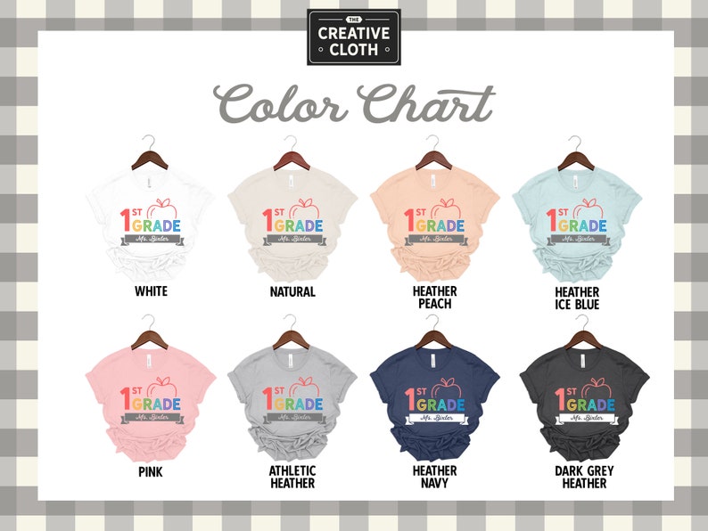 May include: Color chart showing different t-shirt colors available for a 1st grade teacher shirt. The shirt design features a rainbow apple with the text "1st Grade" and "Mr./Ms. [Last Name]" underneath.