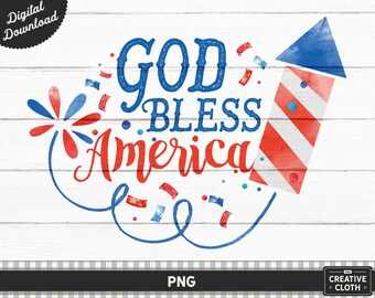 God Bless America Patriotic PNG, July 4th Fireworks Watercolor (Digital Download)