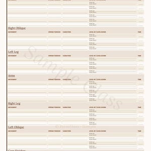 Puede incluir: Una plantilla de entrenamiento beige titulada "Megaformer Full Body" con secciones para ejercicios como "Opening Core" y "Right Oblique". Incluye espacios para la tensión del resorte, la variación y los ajustes de nivel, con un plazo de 40 minutos.