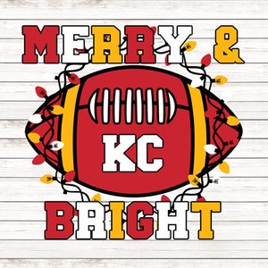 May include: A red, white, and yellow football with the text "KC" in the center, surrounded by a string of Christmas lights. The text "Merry & Bright" is above and below the football.