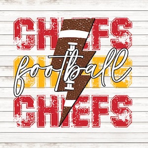 May include: Red, yellow, and brown graphic design with the text "Chiefs Football Chiefs" on a white wood background.