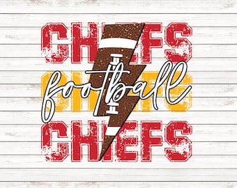 May include: Red, yellow, and brown graphic design with the text "Chiefs Football Chiefs" on a white wood background.