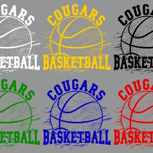 May include: Six variations of a basketball graphic with the word "Cougar" and "Basketball" in a distressed font. The basketballs are in white, yellow, black, green, blue, and red.