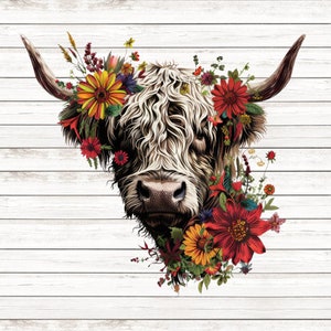 May include: A white and brown Highland cow with a floral crown of red, yellow, and orange flowers. The cow is against a white wood background.