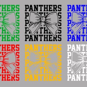 May include: Six variations of a graphic design featuring the word "PANTHERS" repeated in a grid pattern with a large bow in the center. The bows are in green, black, blue, red, yellow, and white.
