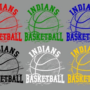 May include: A gray background features six basketball designs. Each design includes the word "INDIANS" above a basketball graphic and the word "BASKETBALL" below. The designs are in red, green, blue, black, white, and yellow.