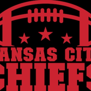 May include: Red and white Kansas City Chiefs logo with a football and three stars. The text "KANSAS CITY" is above the text "CHIEFS".
